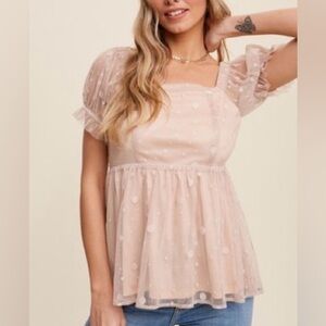 Elegant Polka Dot Lace Cream Puff Sleeve Top